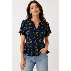 Banana Republic Navy Blue‎ Green Floral Peplum Top V-Neck Blouse S NWT